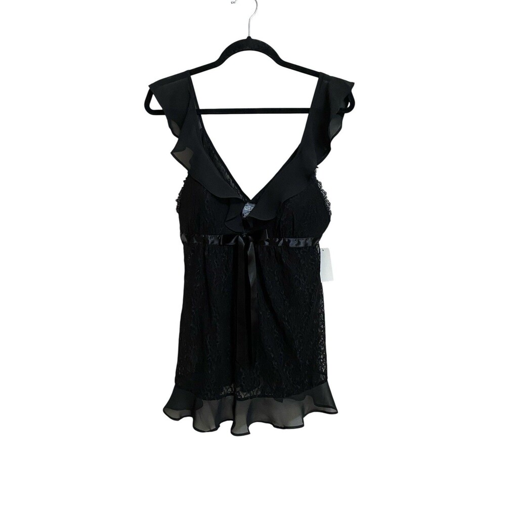 Movie Star Black Lace Babydoll Nightgown Size M Ruffle Satin Bow NWT